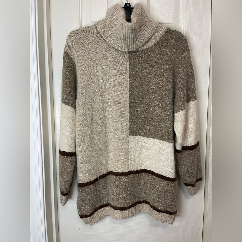 Cristina Tan Brown Vintage Color Block Silk Angora Blend Turtleneck Sweater Med